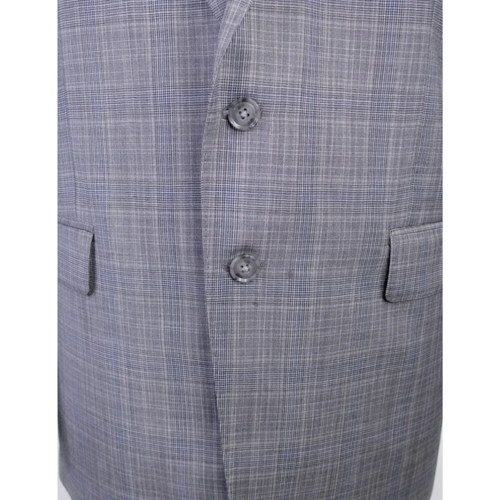 Calvin Klein 2-Pcs Plaid Gray Wool Suit Jacket Blazer 46R Pants 42X28 2-Button